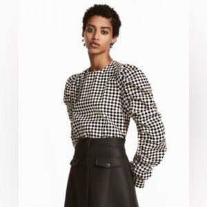 H&M 100% Cotton Black & White Harlequin Diamond Checkered Puff-Sleeve Blouse Top